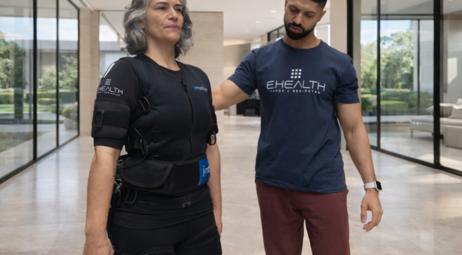 Mulher é assistida durante um treino de EMS em casa.