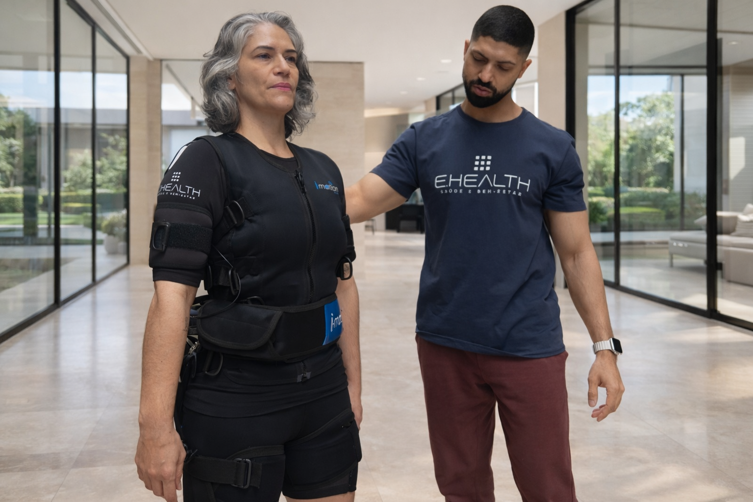 Mulher é assistida durante um treino de EMS em casa.